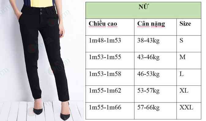 Bảng size quần nữ theo cân nặng