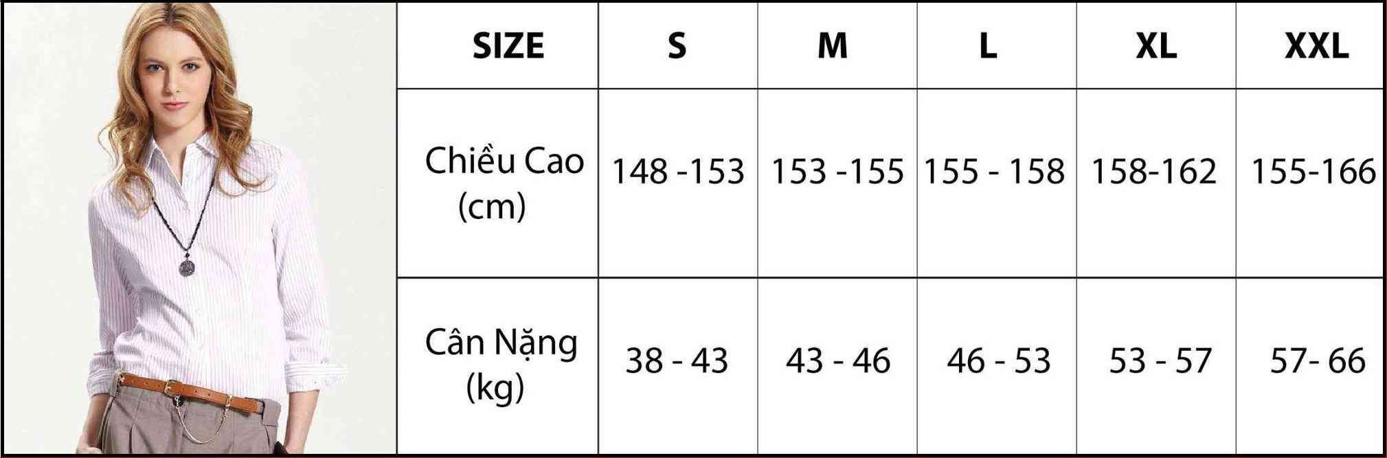 Bảng size áo sơ mi nữ theo cân nặng