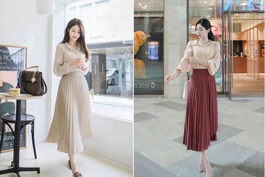 Hướng dẫn cách phối đồ với chân váy xếp ly dài